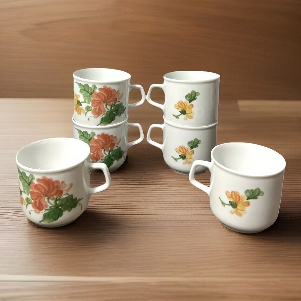 Kaiser Lauriane Coffee Cups Floral White Porcelain W. Germany Vintage Set of 6